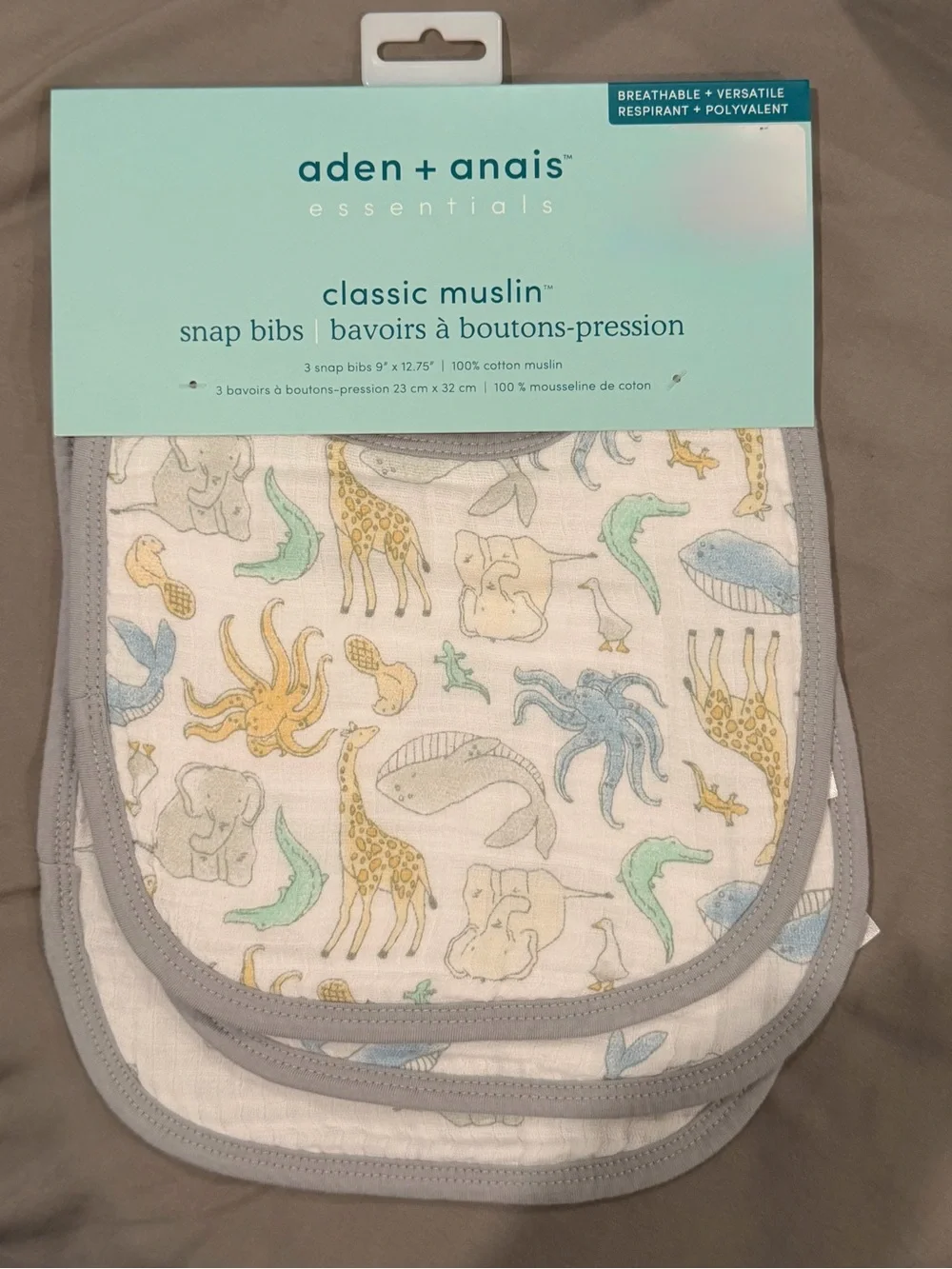 aden + anais Classic Muslin Snap Bibs - Gray Trim with Pastel Animal Print